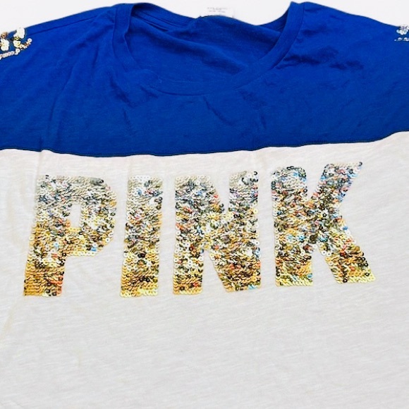 PINK Victoria's Secret Tee - Blue and White with Ombre Sequins ✨ - Picture 1 of 3